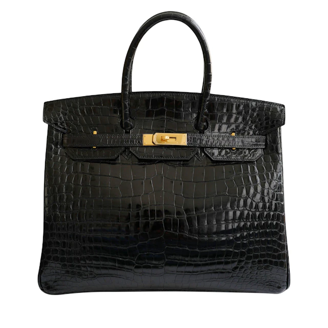 Vintage Black Shiny Porosus Crocodile Birkin 35 Gold Hardware, 2000