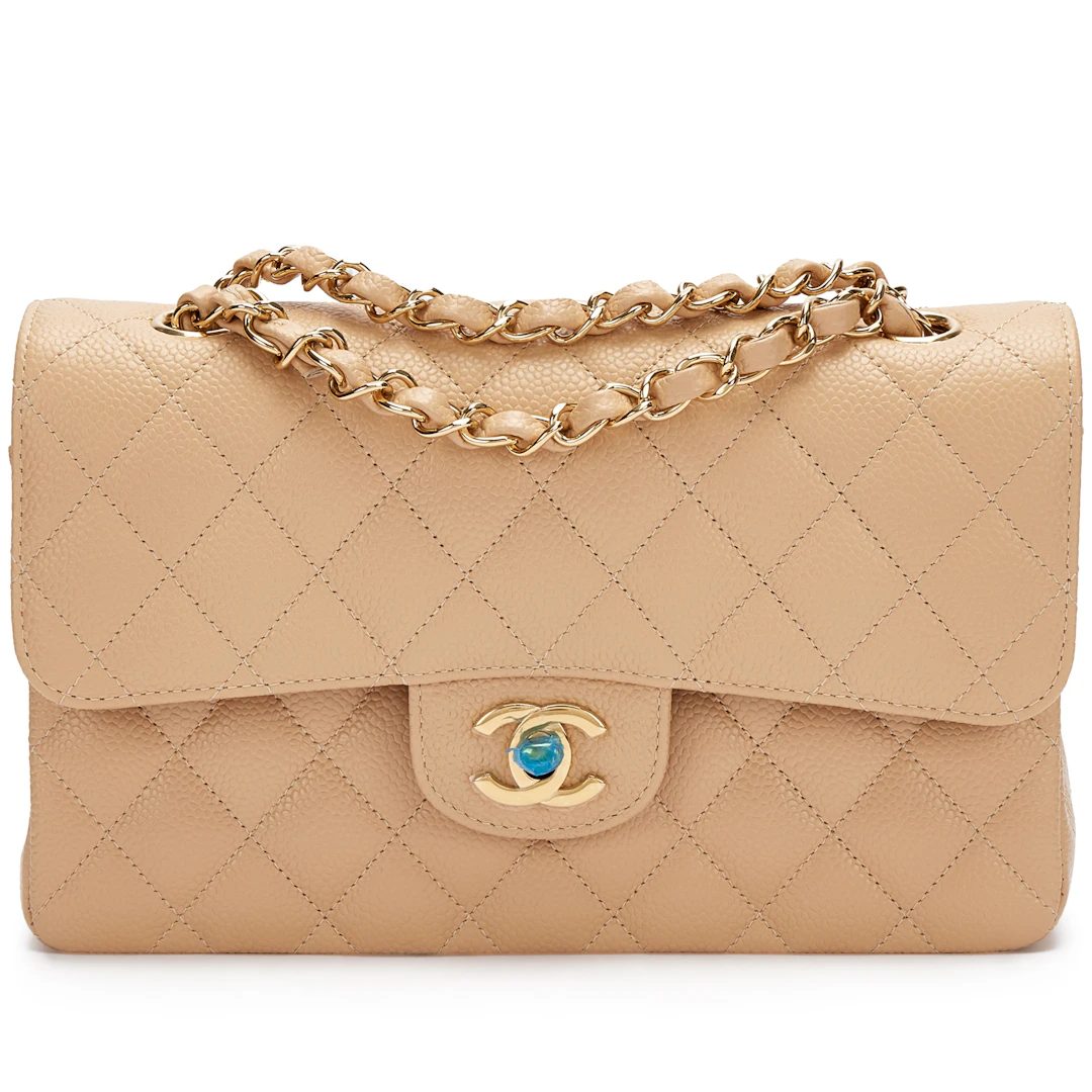 Beige Quilted Caviar Small Classic Double Flap Gold Hardware