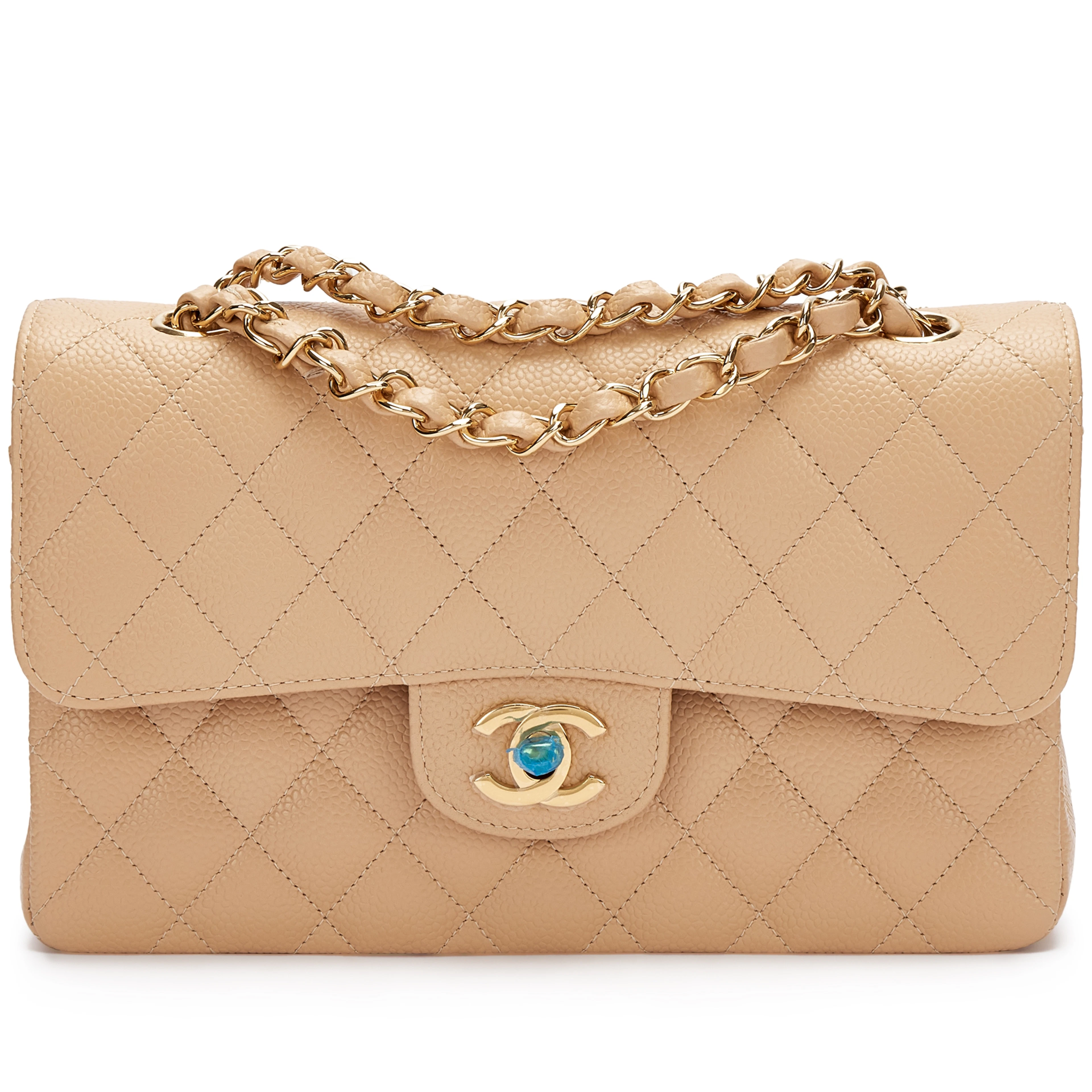 Beige Quilted Caviar Small Classic Double Flap Gold Hardware