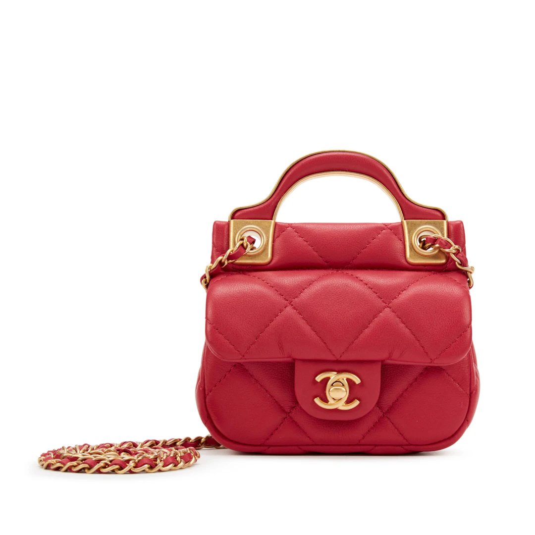 Pink Quilted Calfskin Flap Card Holder with Chain Gold Hardware, 2021