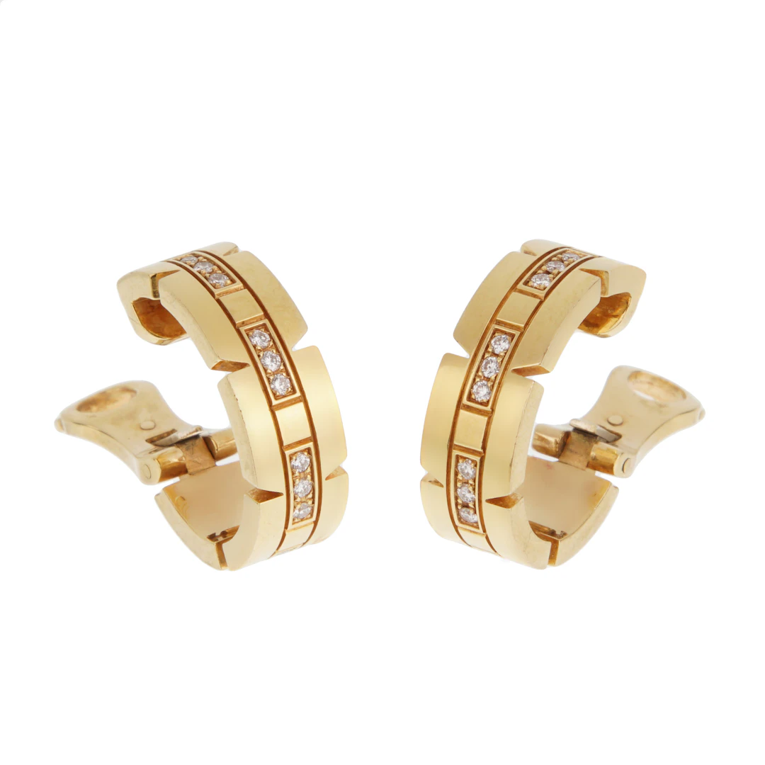 Gold and Diamond Tank Française Hoop Earclips
