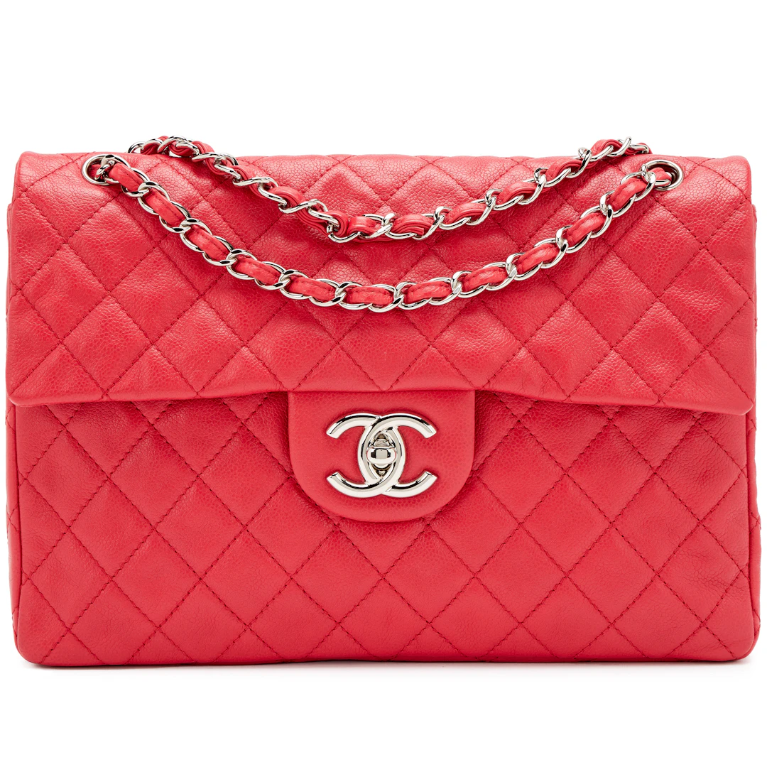 Raspberry Pink Quilted Soft Caviar Maxi Classic Single Flap Bag Silver