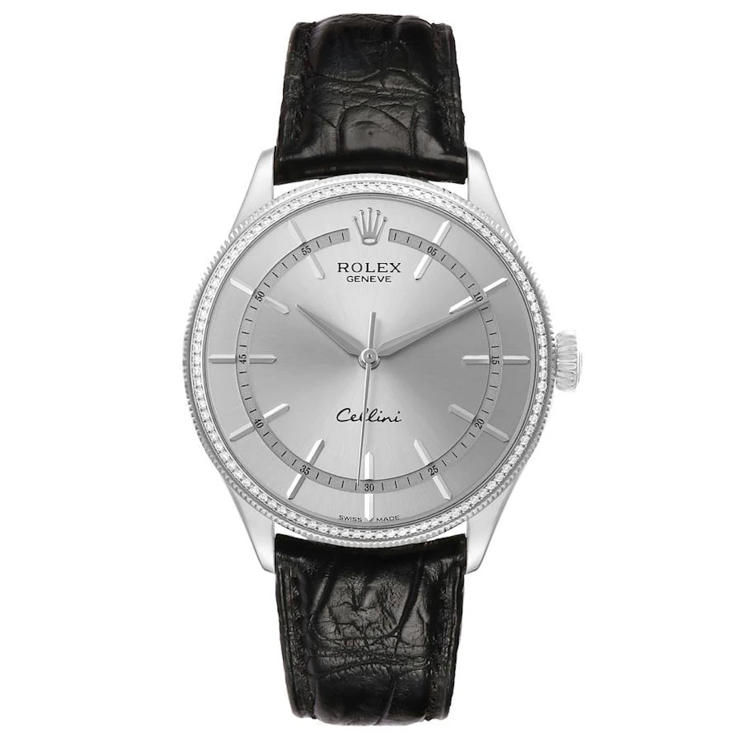 Cellini Time (Reference 50609). A 39mm white gold diamond-set automatic