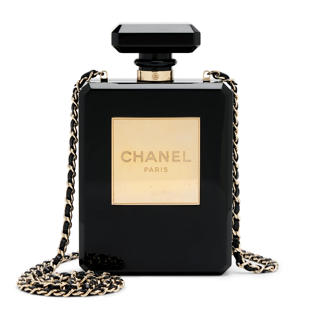 Black Acrylic and Gold Plexiglass No. 5 Perfume Bottle Minaudière