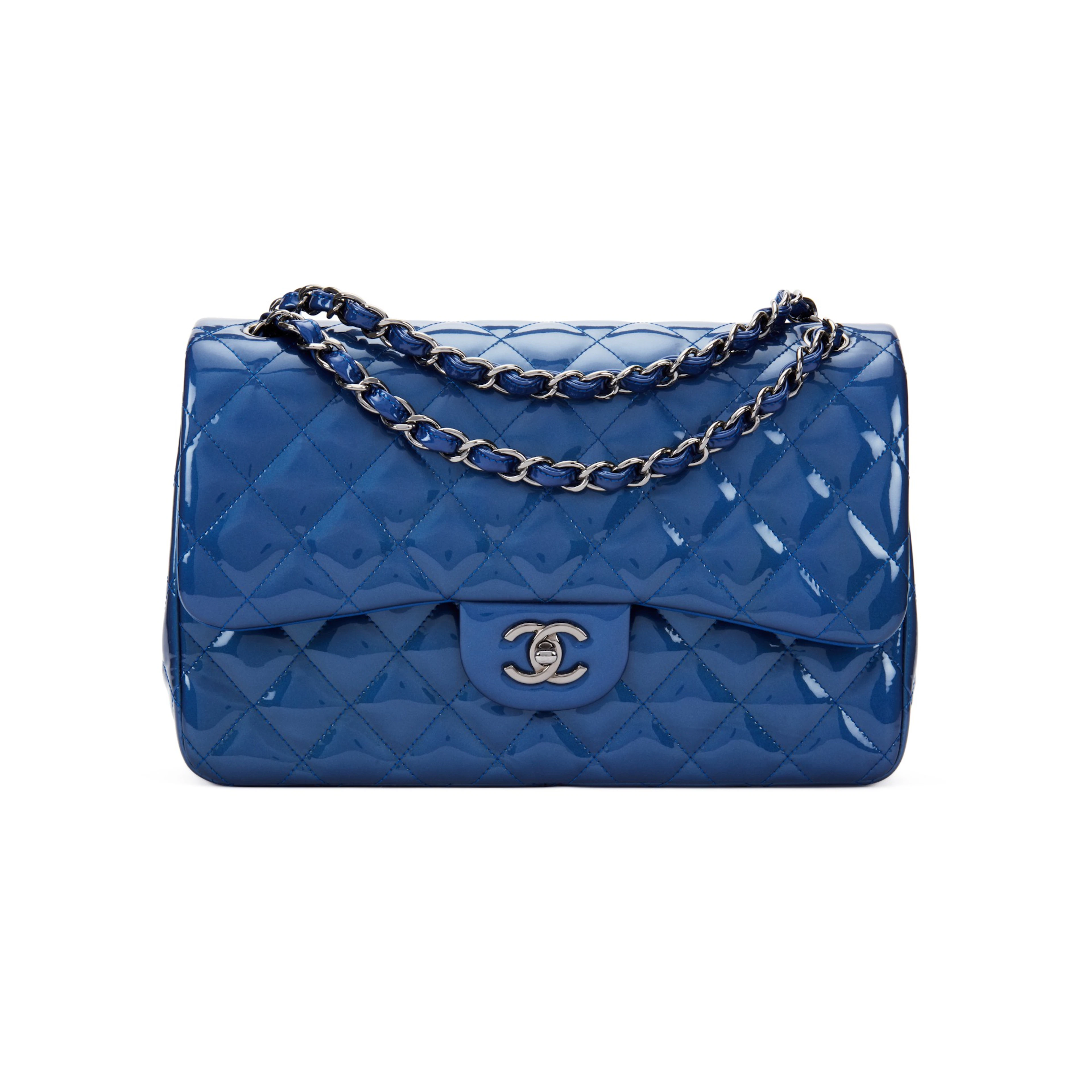 Metallic Blue Quilted Patent Jumbo Classic Double Flap Ruthenium Hardware