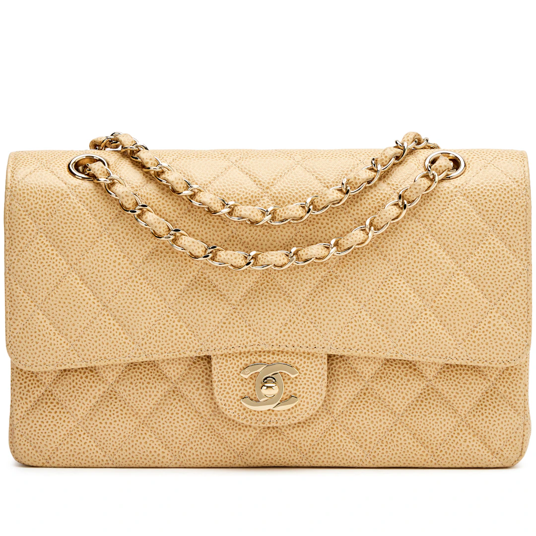 Vintage Light Beige Quilted Speckled Caviar Medium Classic Double