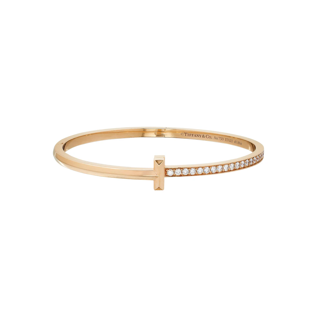 Rose Gold and Diamond T1 Narrow Hinged Bangle Bracelet