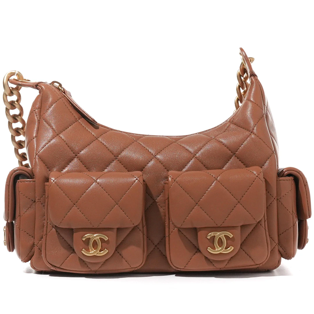 Brown Quilted Lambskin Medium Trendy Pockets Hobo Aged Gold Hardware