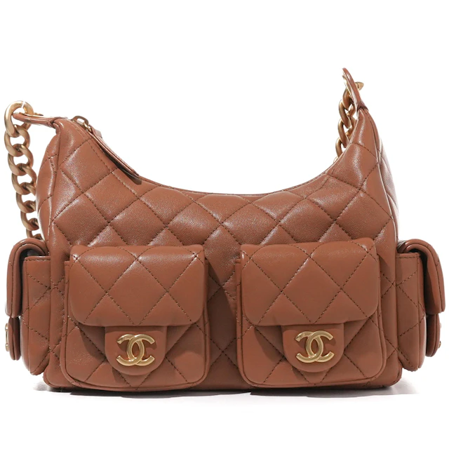 Brown Quilted Lambskin Medium Trendy Pockets Hobo Aged Gold Hardware