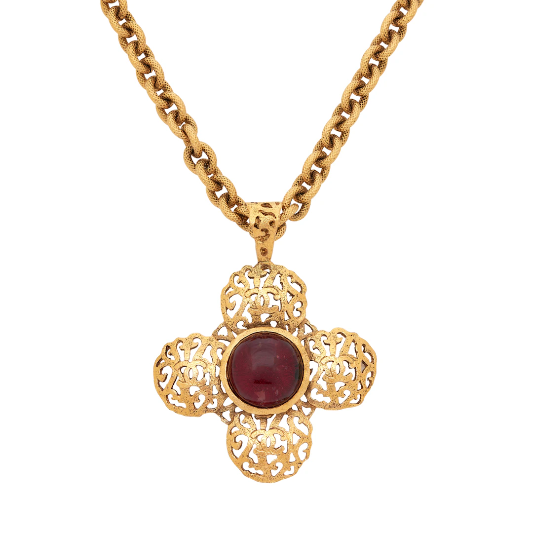 Vintage Red Gripoix CC Maltese Cross Pendant Necklace, 1985