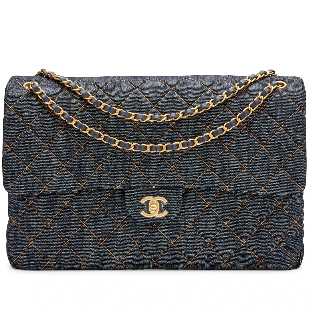 Dark Blue Quilted Denim XXL Classic Single Travel Flap Bag Brushed
