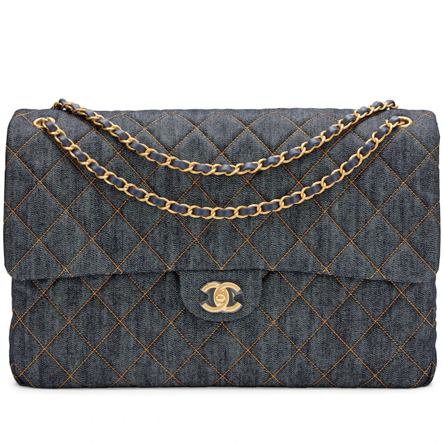 Dark Blue Quilted Denim XXL Classic Single Travel Flap Bag Brushed