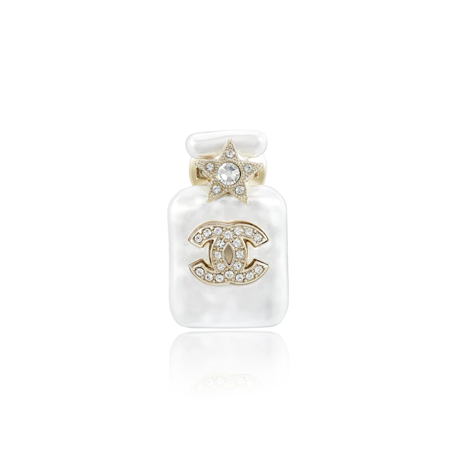 Pearl White Resin, Crystal CC and Star and Gold Metal Perfume Bottle Brooch