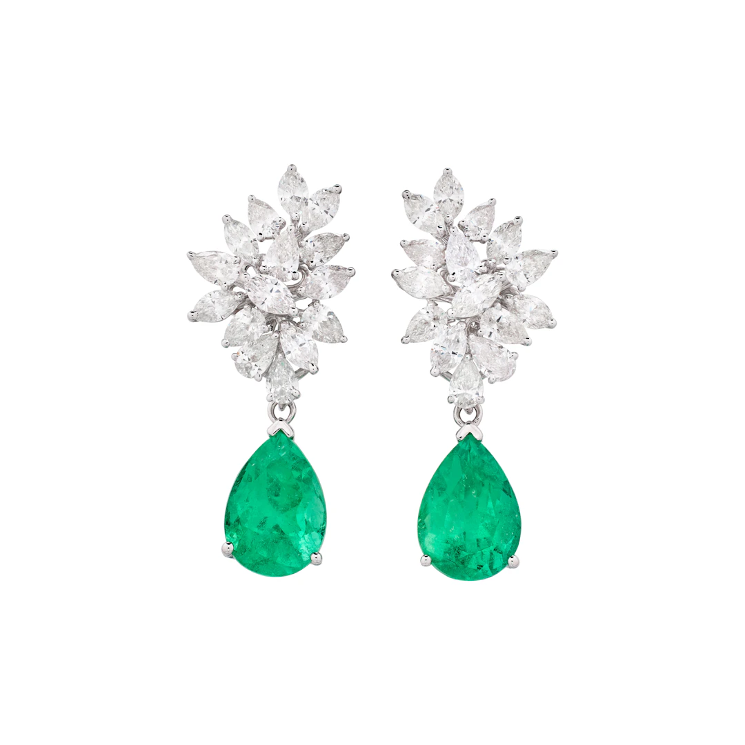White Gold, 9.21ctw Colombian Emerald and Diamond Cluster Drop Earrings