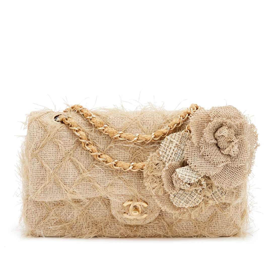 Taupe Beige Quilted Camellia Straw Jute Raffia Medium Flap Bag Brush