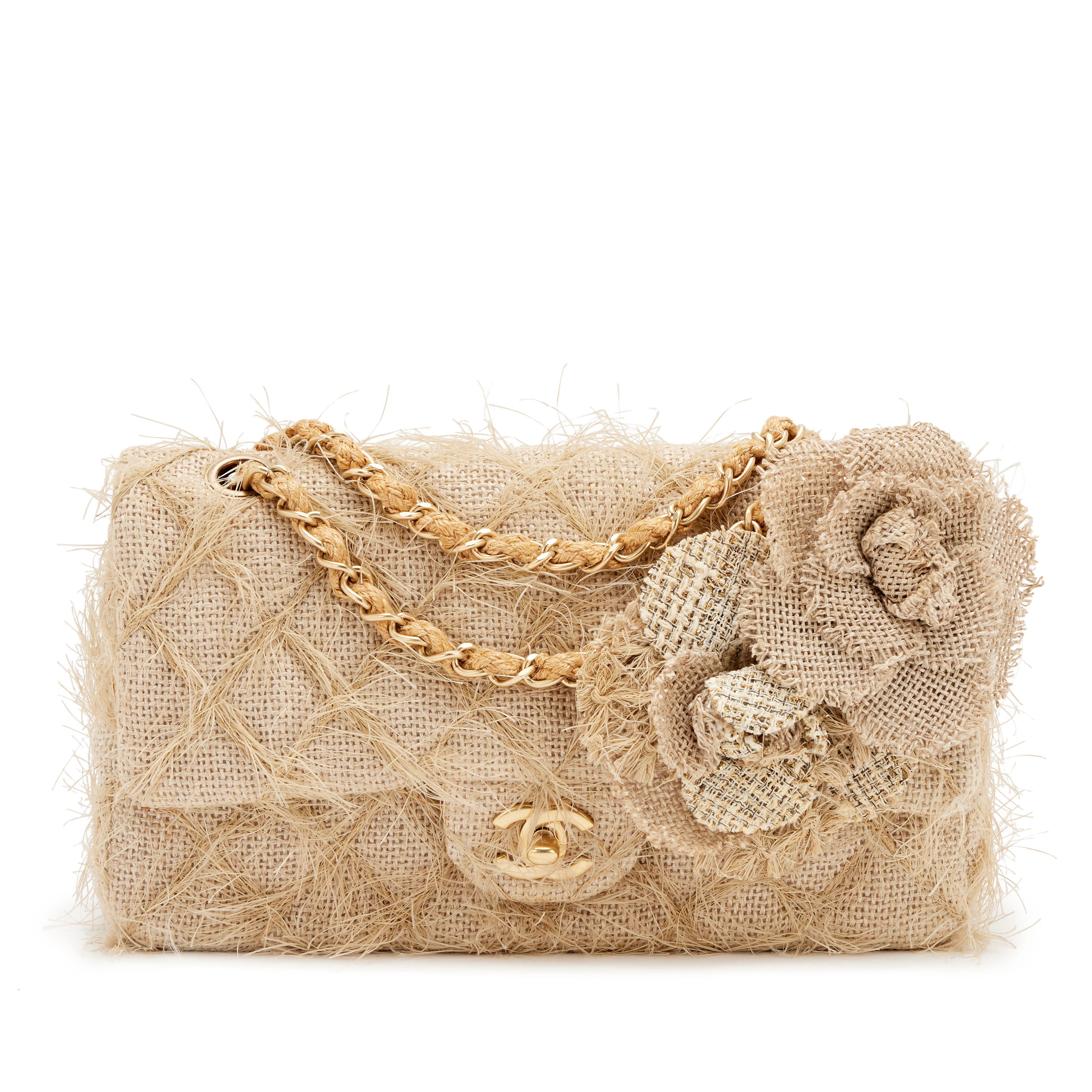 Taupe Beige Quilted Camellia Straw Jute Raffia Medium Flap Bag Brush