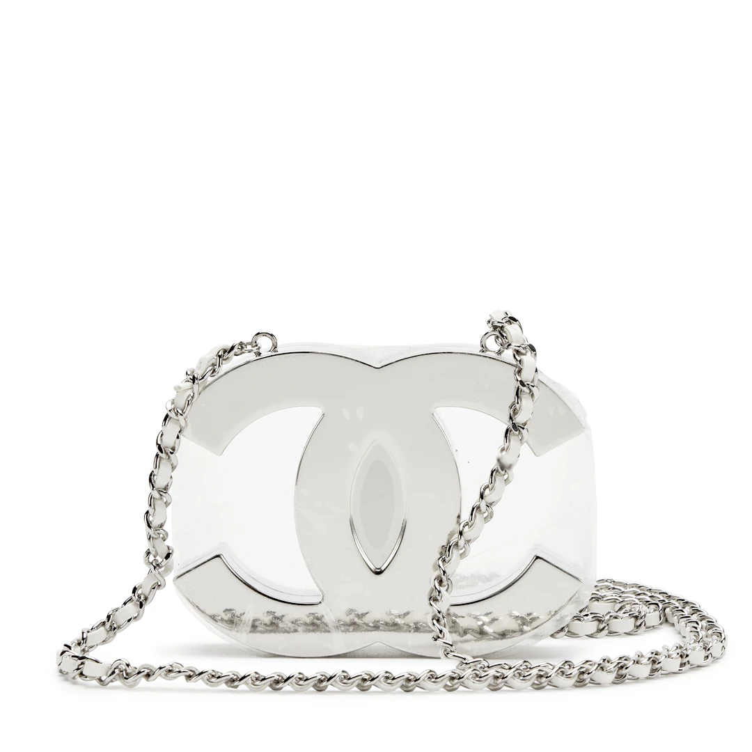 Silver Metal White Lambskin CC Mirror Mini Minaudière Silver Hardware, 2025