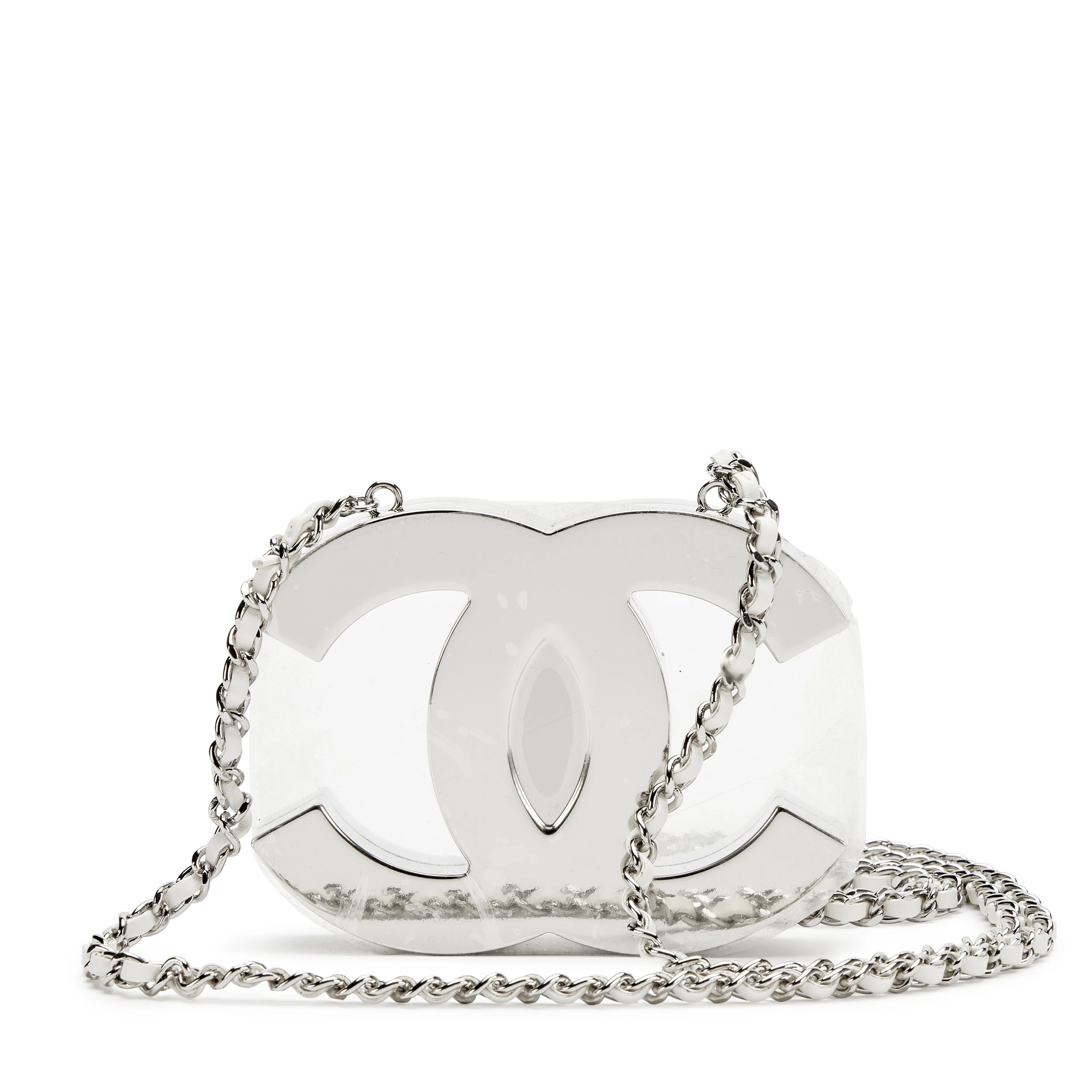 Silver Metal White Lambskin CC Mirror Mini Minaudière Silver Hardware, 2025