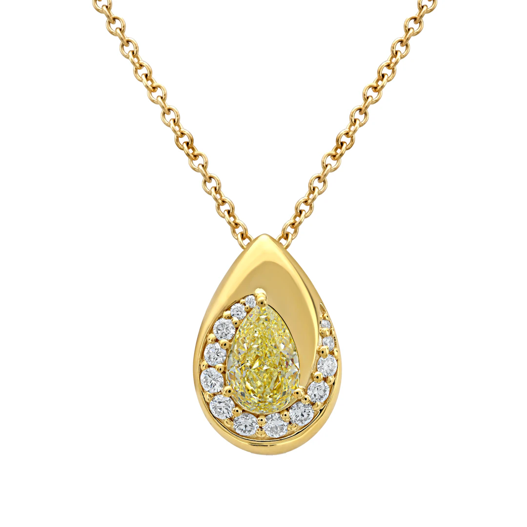 Gold, 1.19ct Pear Shape Fancy Light Yellow Diamond and Diamond Pendant Necklace