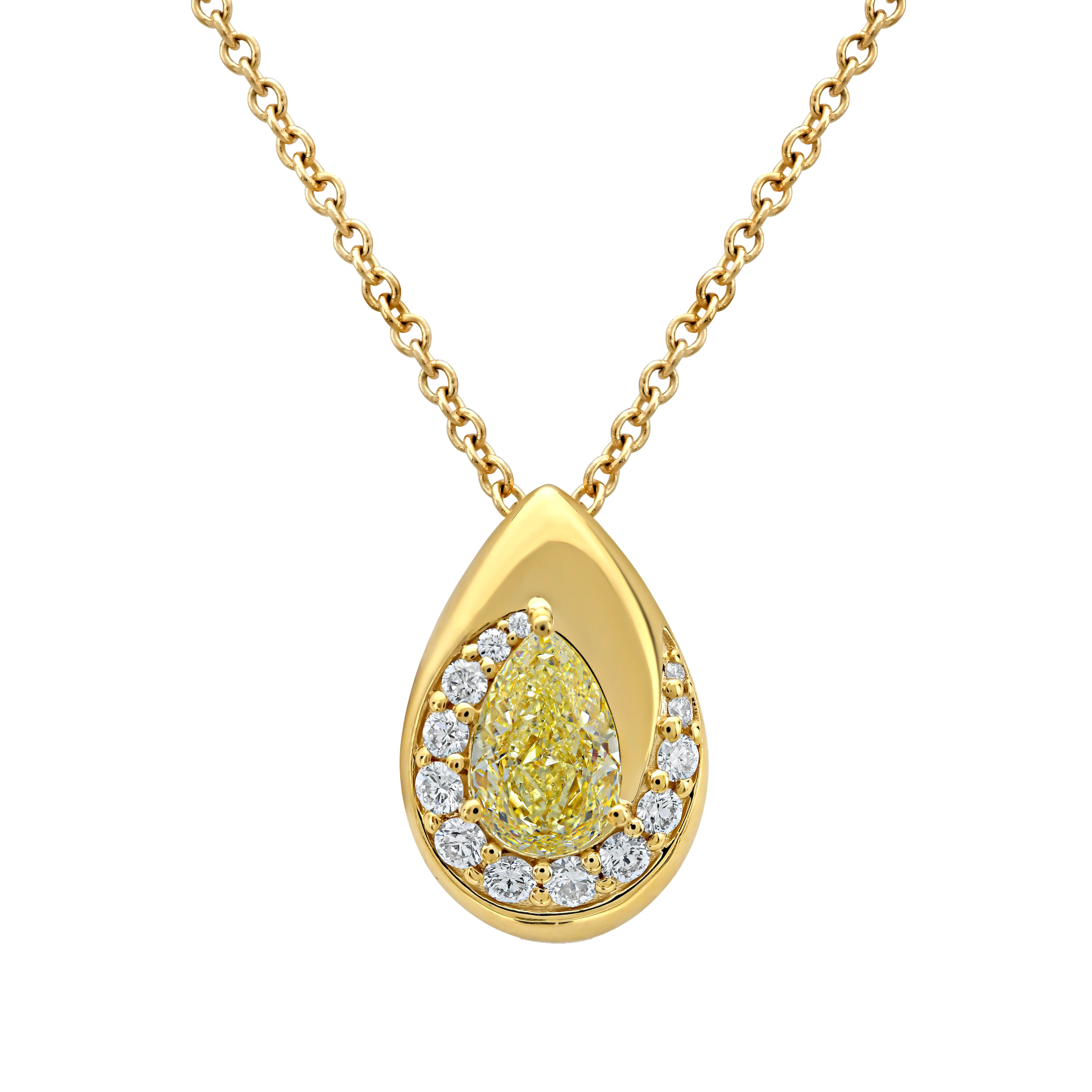 Gold, 1.19ct Pear Shape Fancy Light Yellow Diamond and Diamond Pendant Necklace