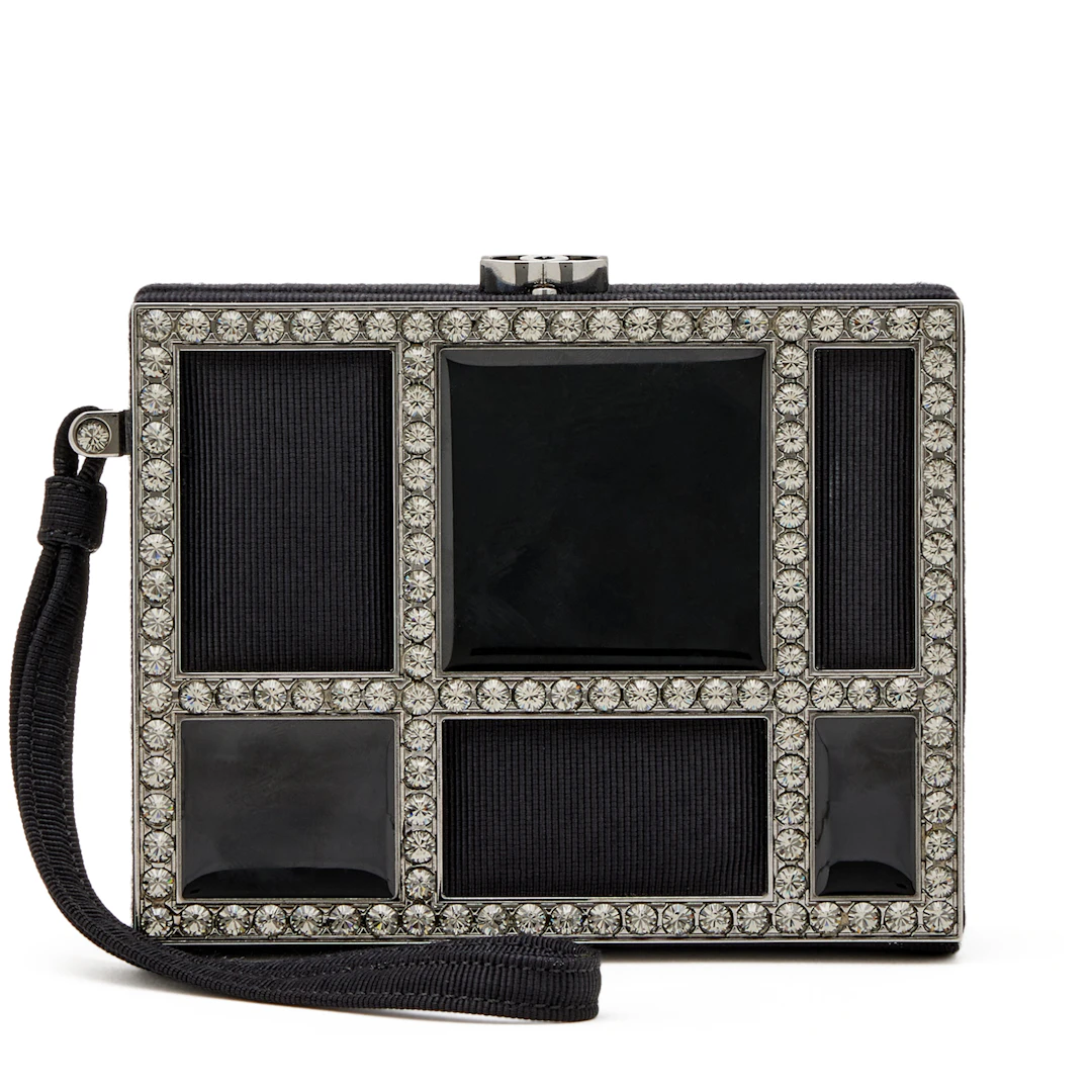 Black Cotton Piqué, Plexi and Rhinestone Minaudière Box Clutch Silver