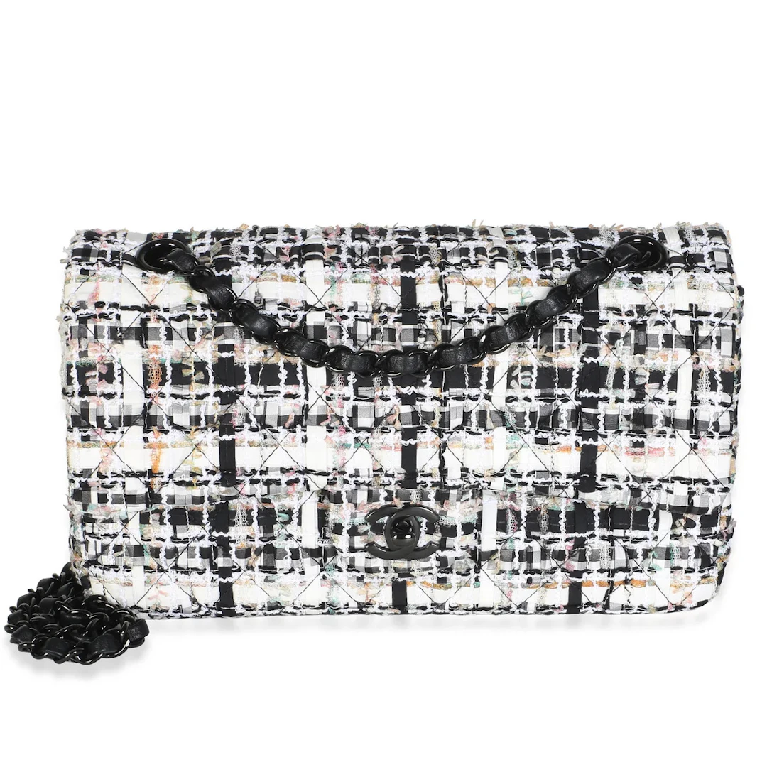 Black and White Quilted Tweed Medium Classic Double Flap Bag Black