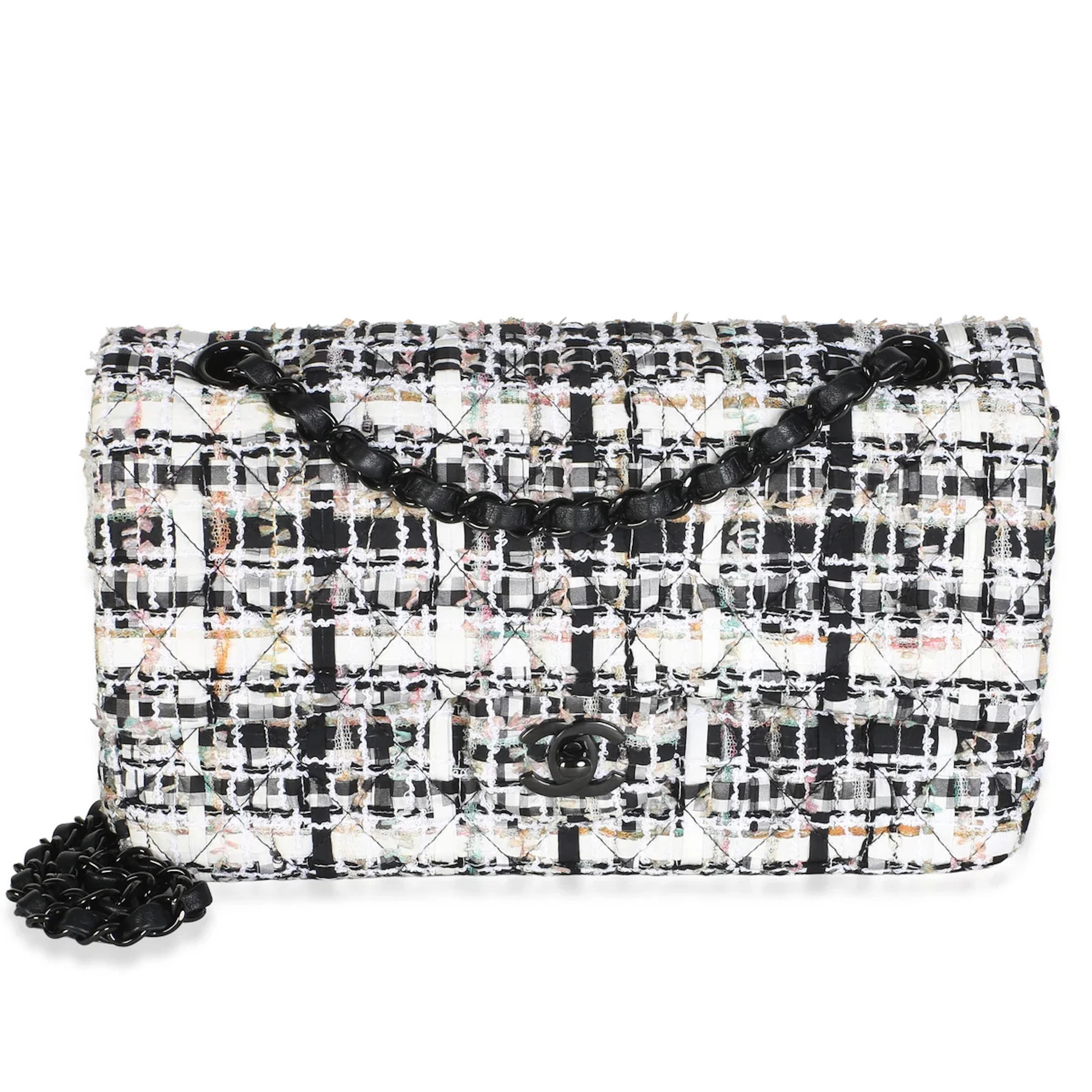 Black and White Quilted Tweed Medium Classic Double Flap Bag Black