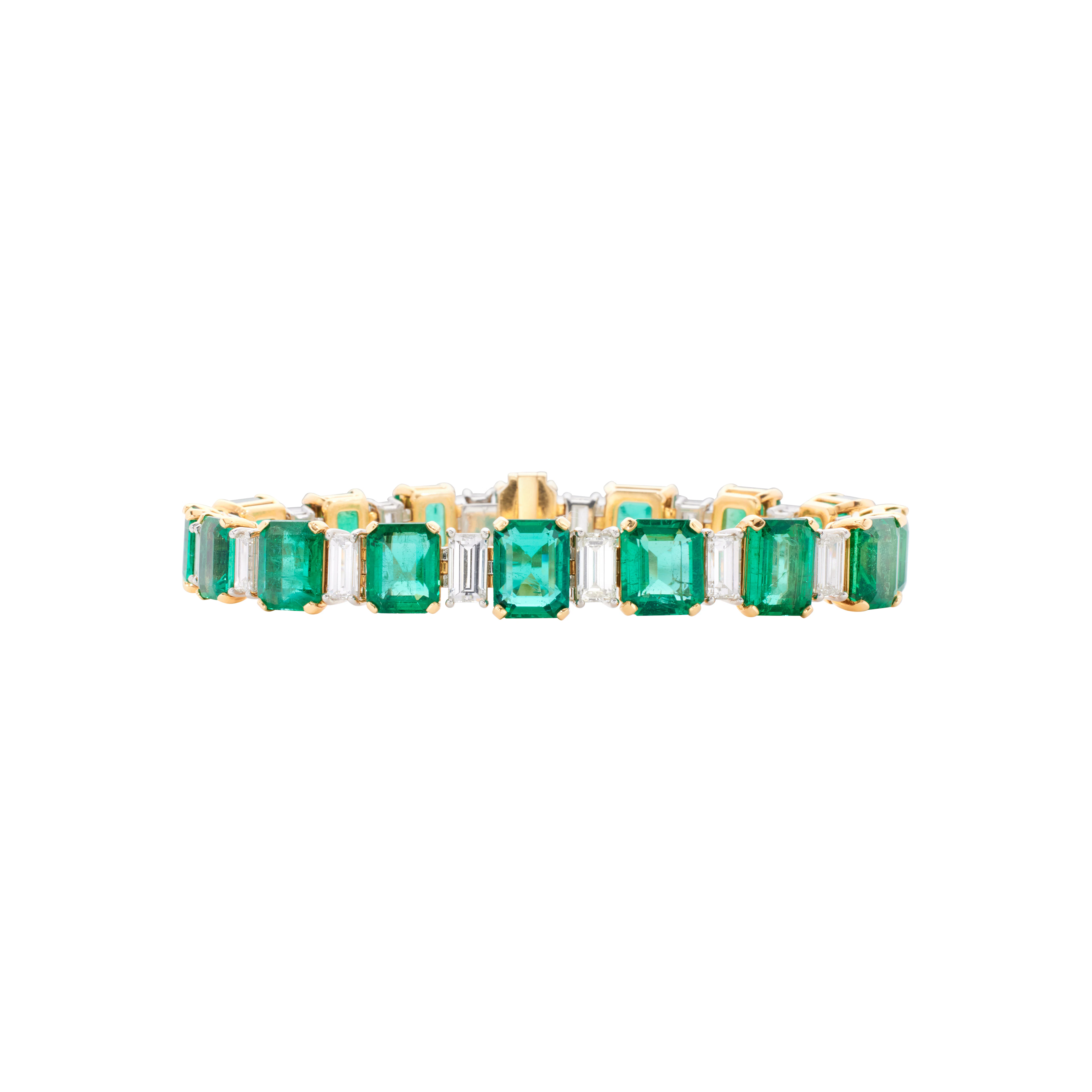 Platinum, Gold, 38.63ctw Zambian Emerald and Diamond Tennis Bracelet