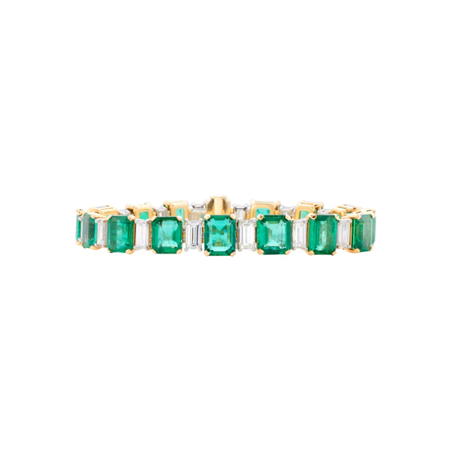Platinum, Gold, 38.63ctw Zambian Emerald and Diamond Tennis Bracelet