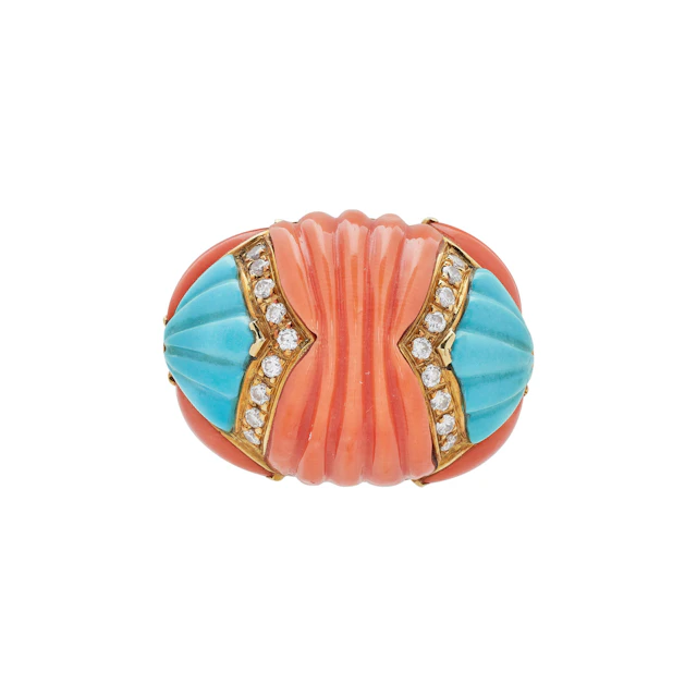 Vintage Gold, Coral, Turquoise and Diamond Ring