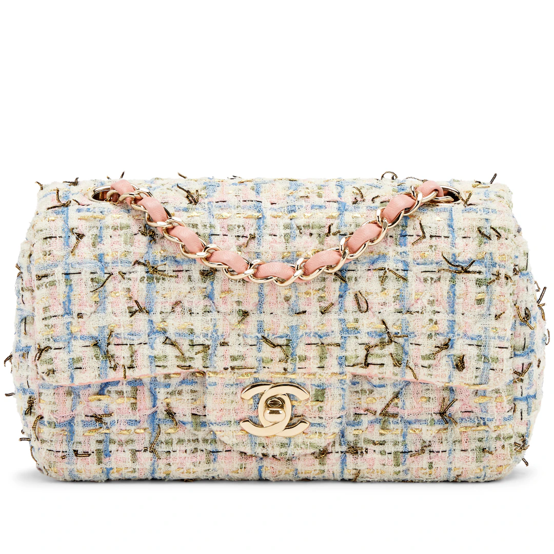 Pink Quilted Tweed Boucle Mini Rectangle Classic Single Flap Bag Gold