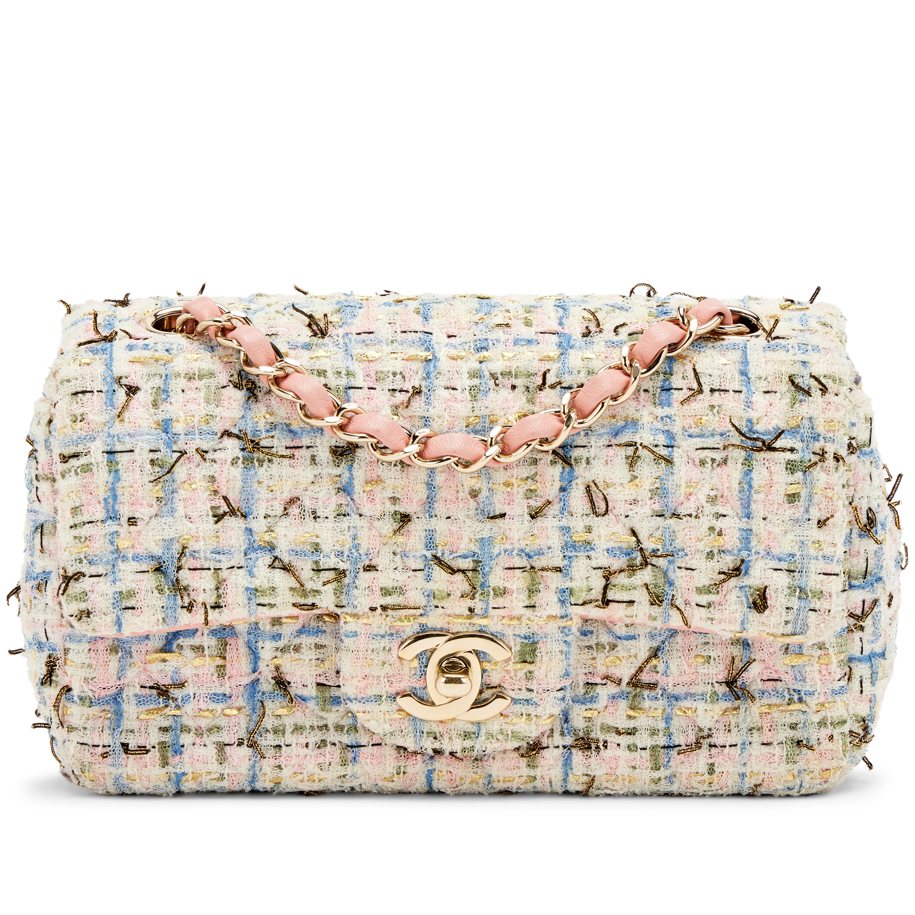 Pink Quilted Tweed Boucle Mini Rectangle Classic Single Flap Bag Gold