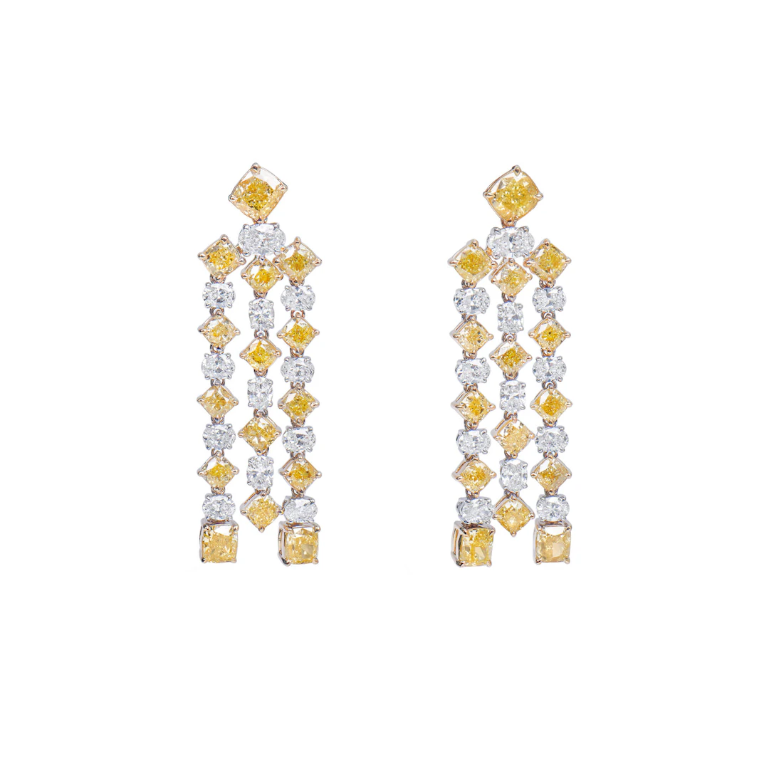 White Gold, Gold, Yellow Diamond and Diamond Chandelier Earrings