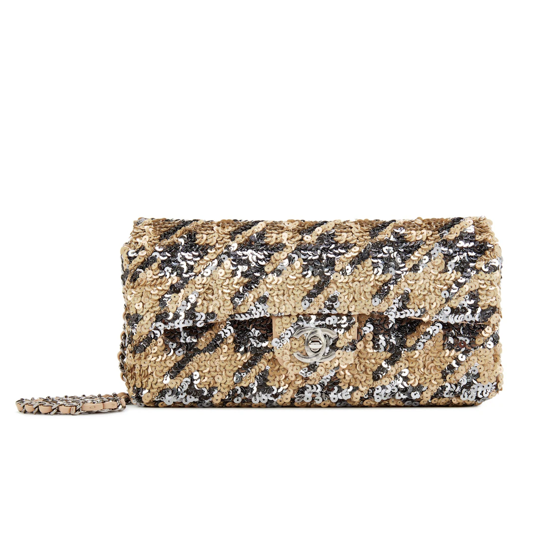 Beige and Gray Sequin and Lambskin East/West Single Flap Ruthenium