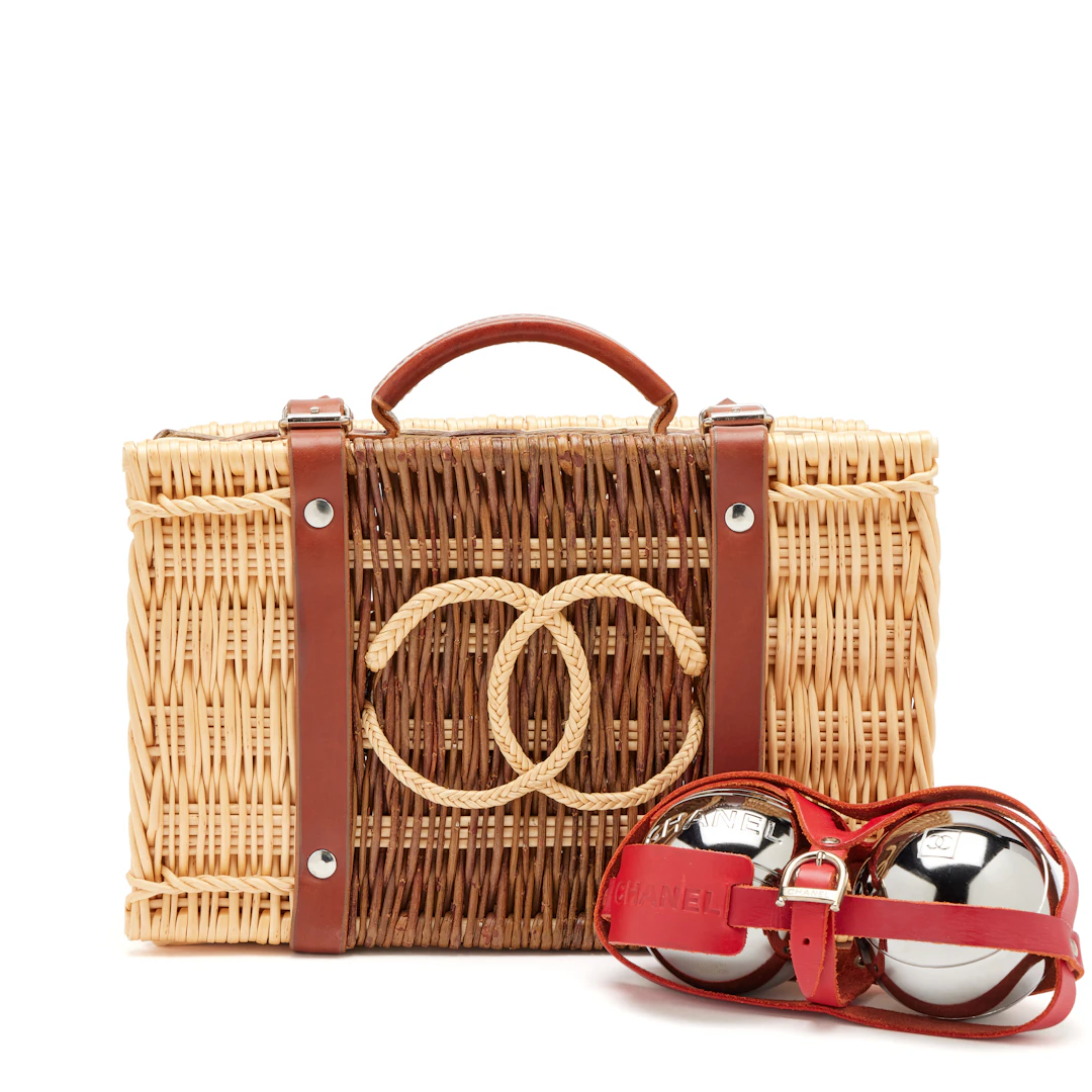 Limited Edition Wicker Basket Petanque Bocce Ball Set Bag Silver Hardware, 2010