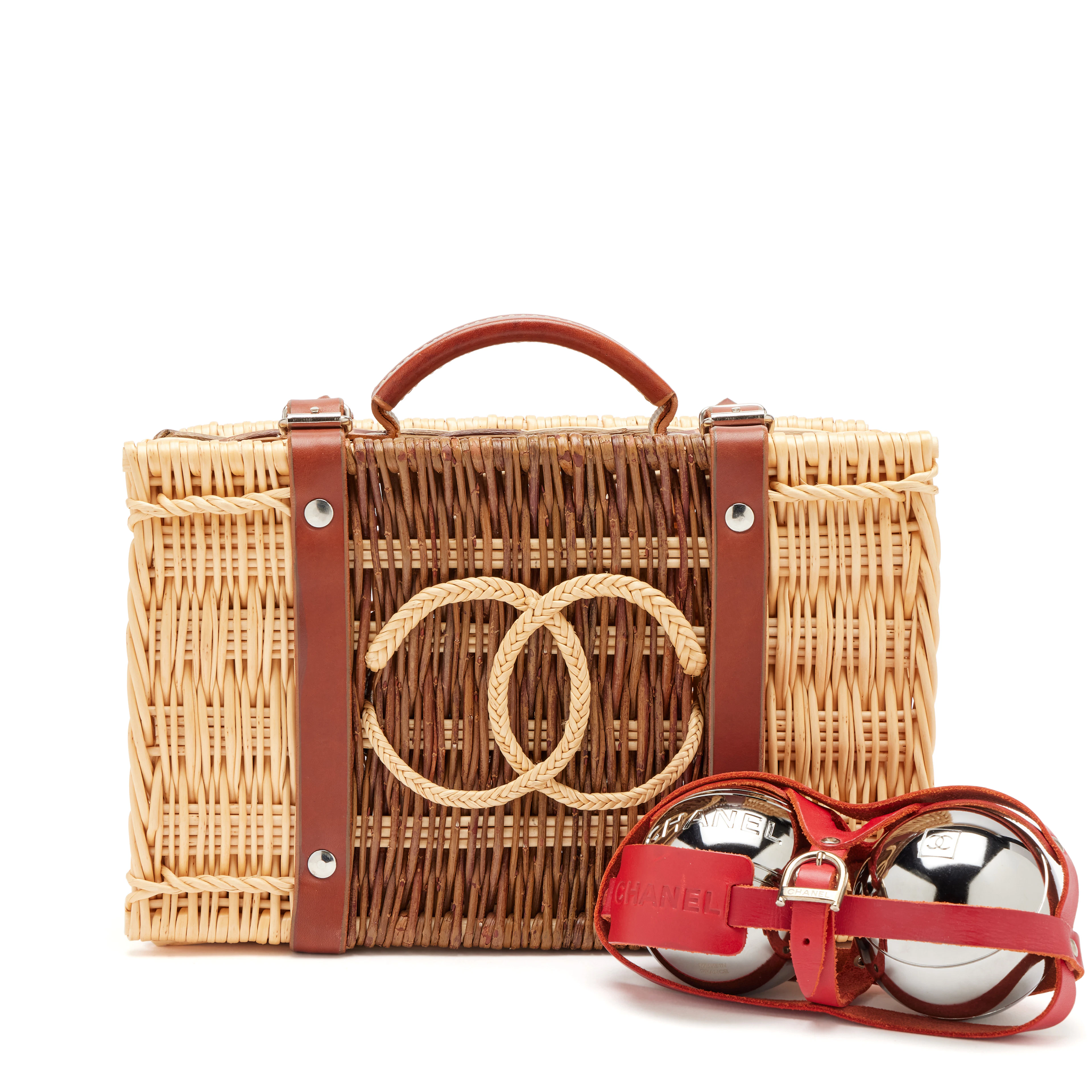 Limited Edition Wicker Basket Petanque Bocce Ball Set Bag Silver Hardware, 2010