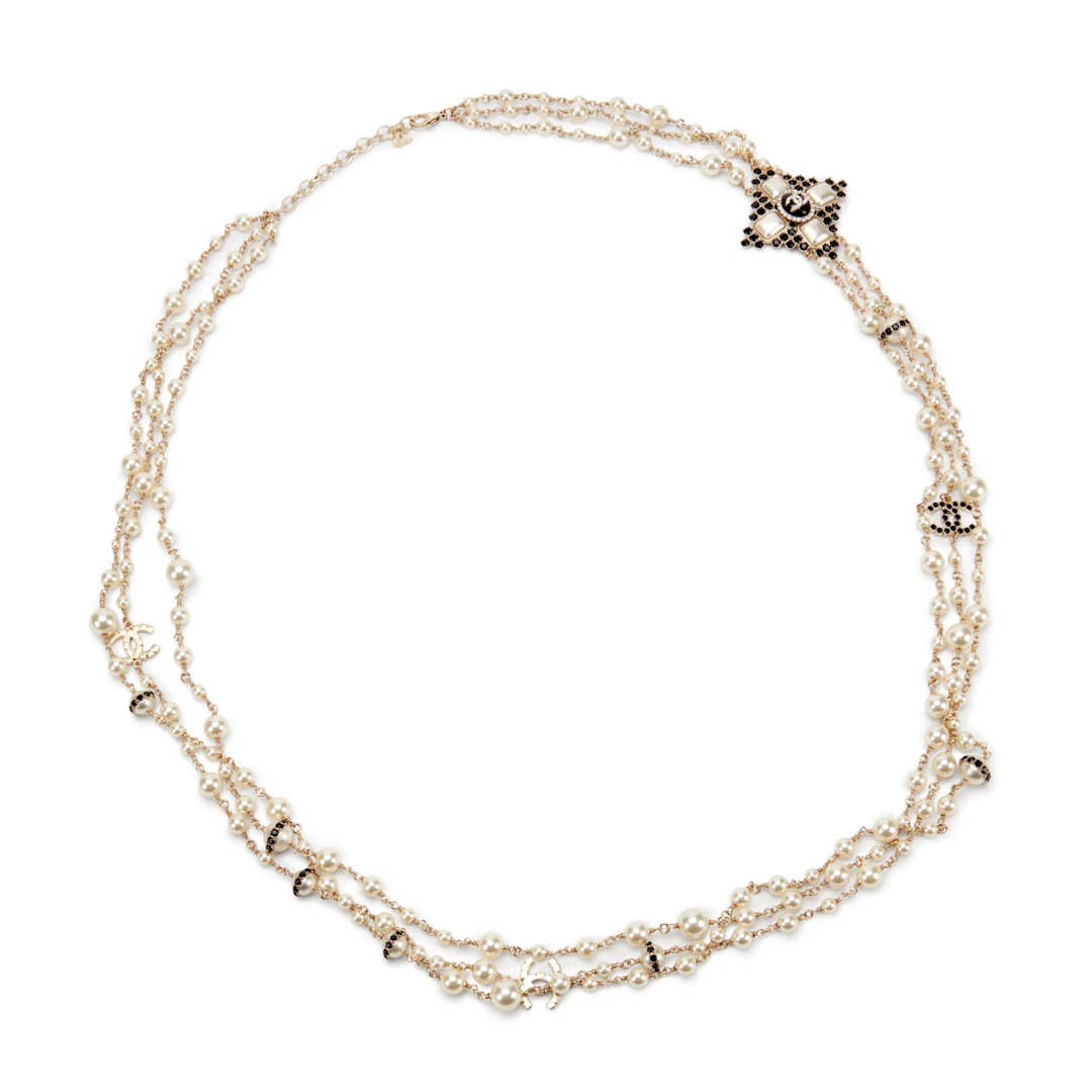 White Imitation Pearl, Black Strass and Pale Gold Metal CC Necklace, 2020