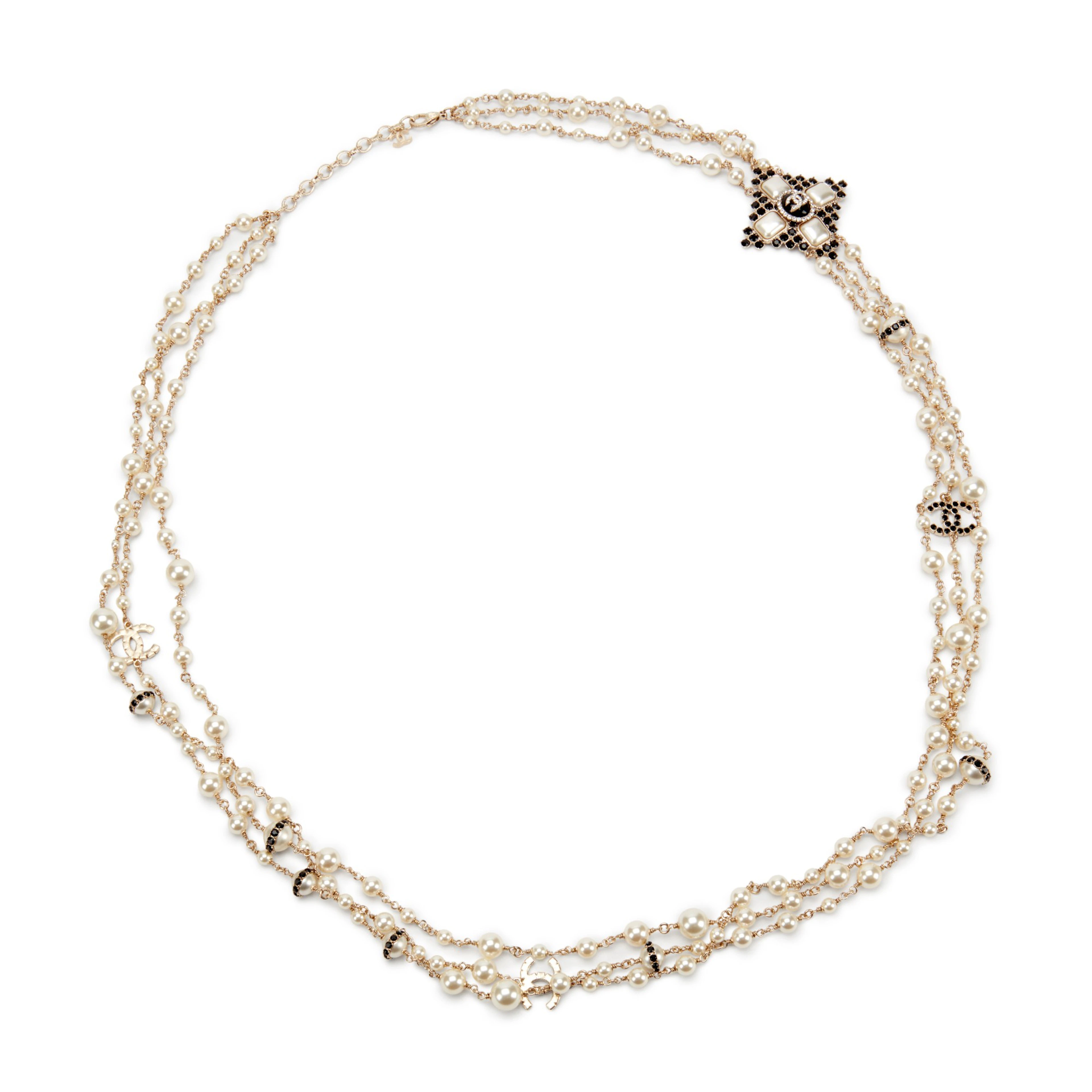 White Imitation Pearl, Black Strass and Pale Gold Metal CC Necklace, 2020