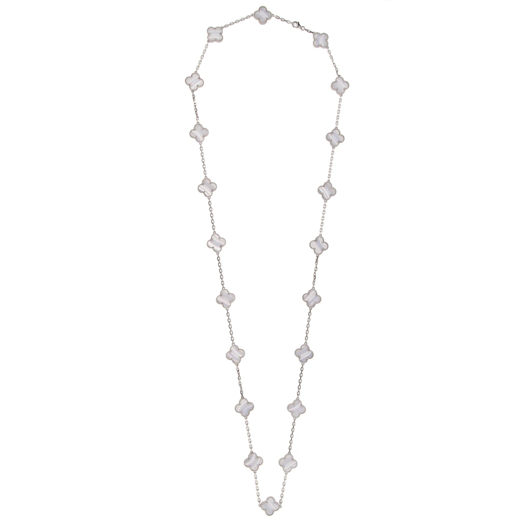 White Gold and Chalcedony Vintage Alhambra 20 Motifs Necklace