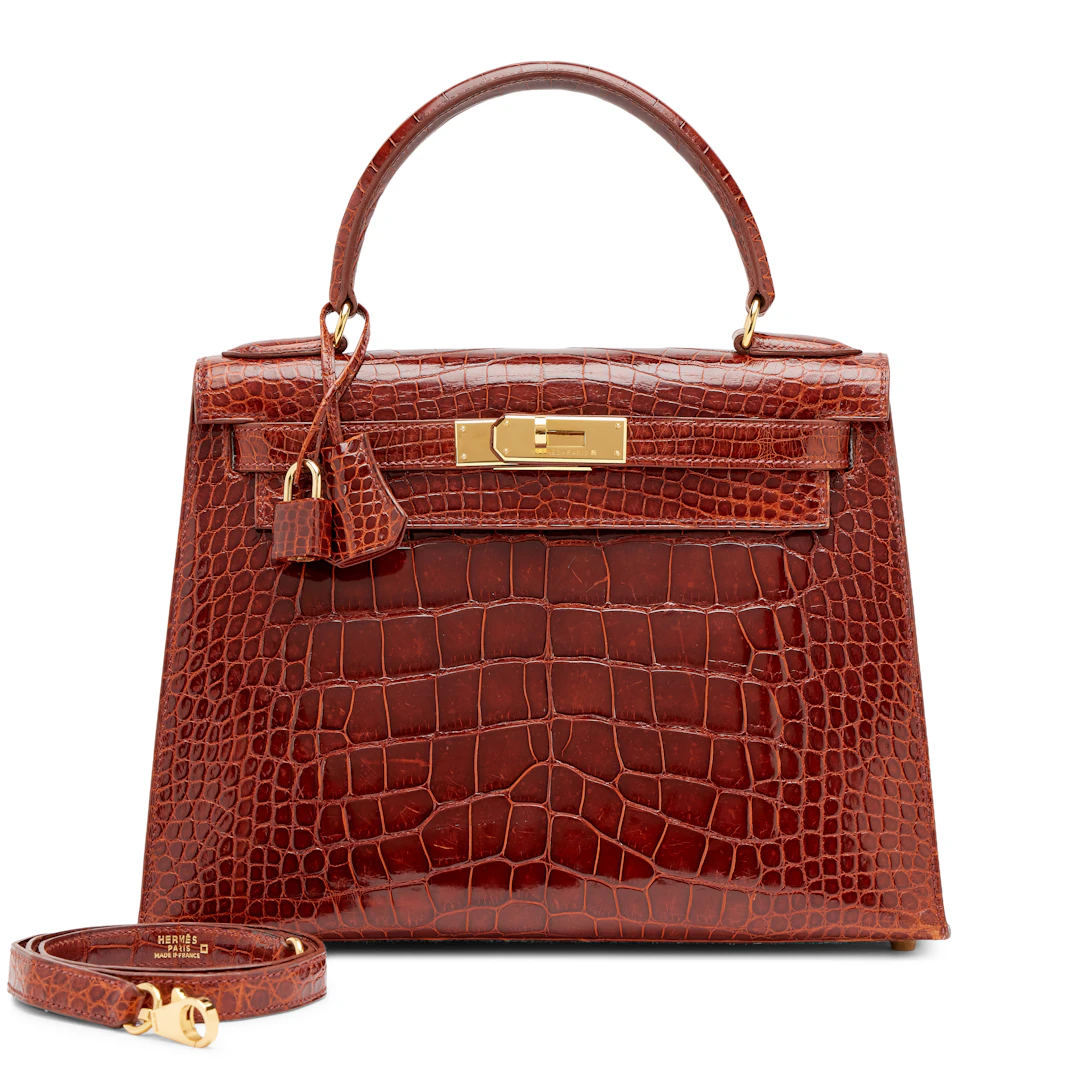Vintage Miel Brown Shiny Alligator Sellier Kelly 28 Gold Hardware, 1999