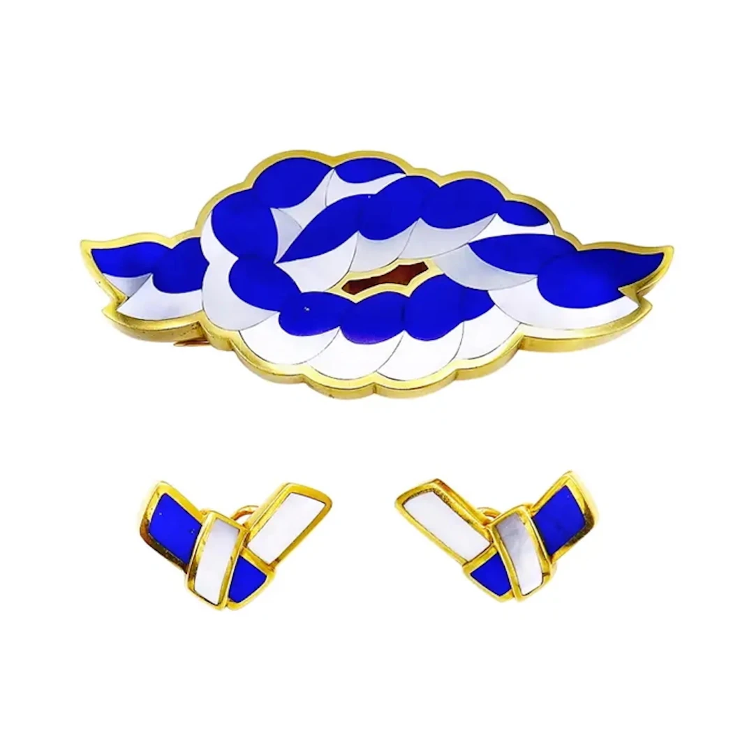 Vintage Gold, Mother of Pearl and Lapis Lazuli Knot Brooch Set