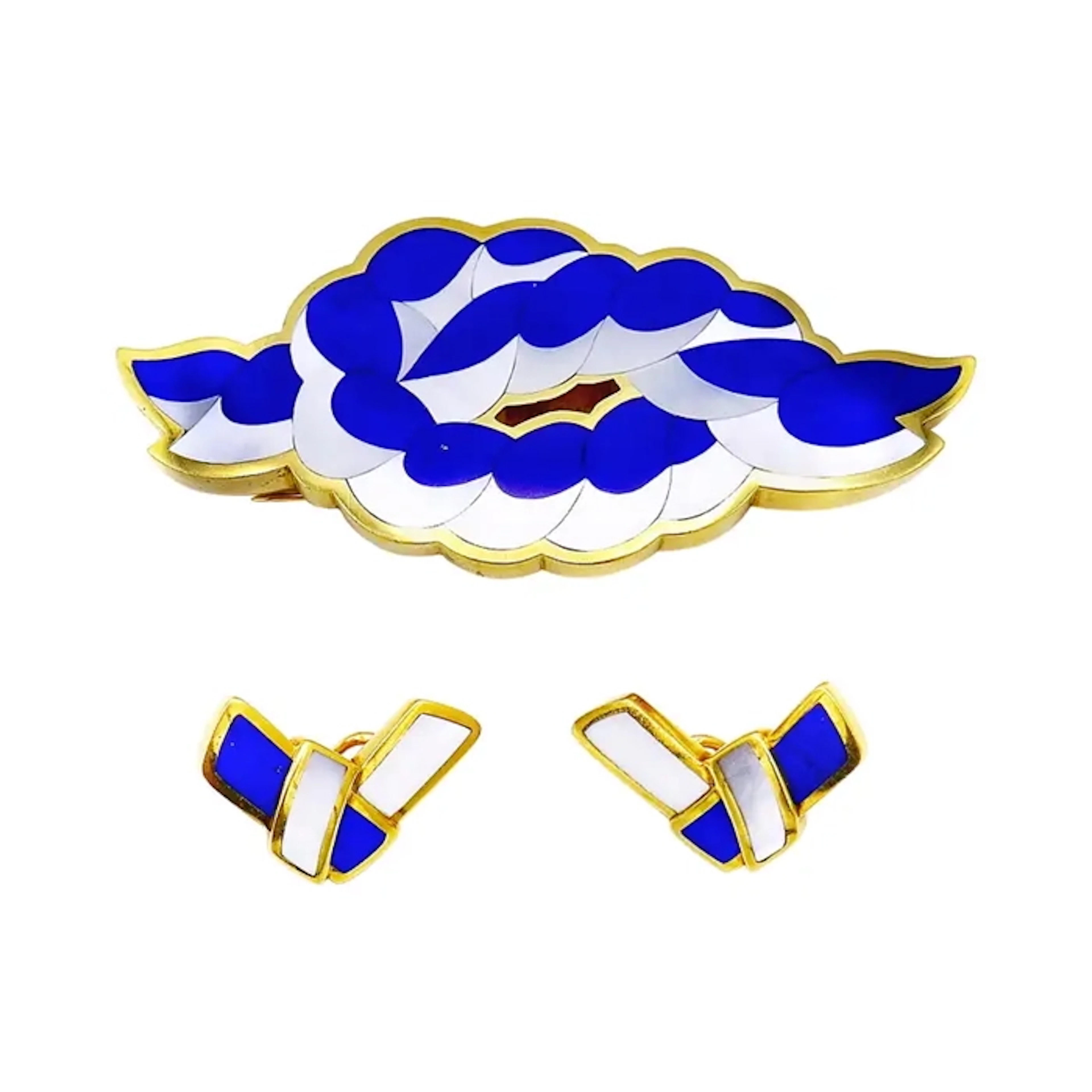 Vintage Gold, Mother of Pearl and Lapis Lazuli Knot Brooch Set