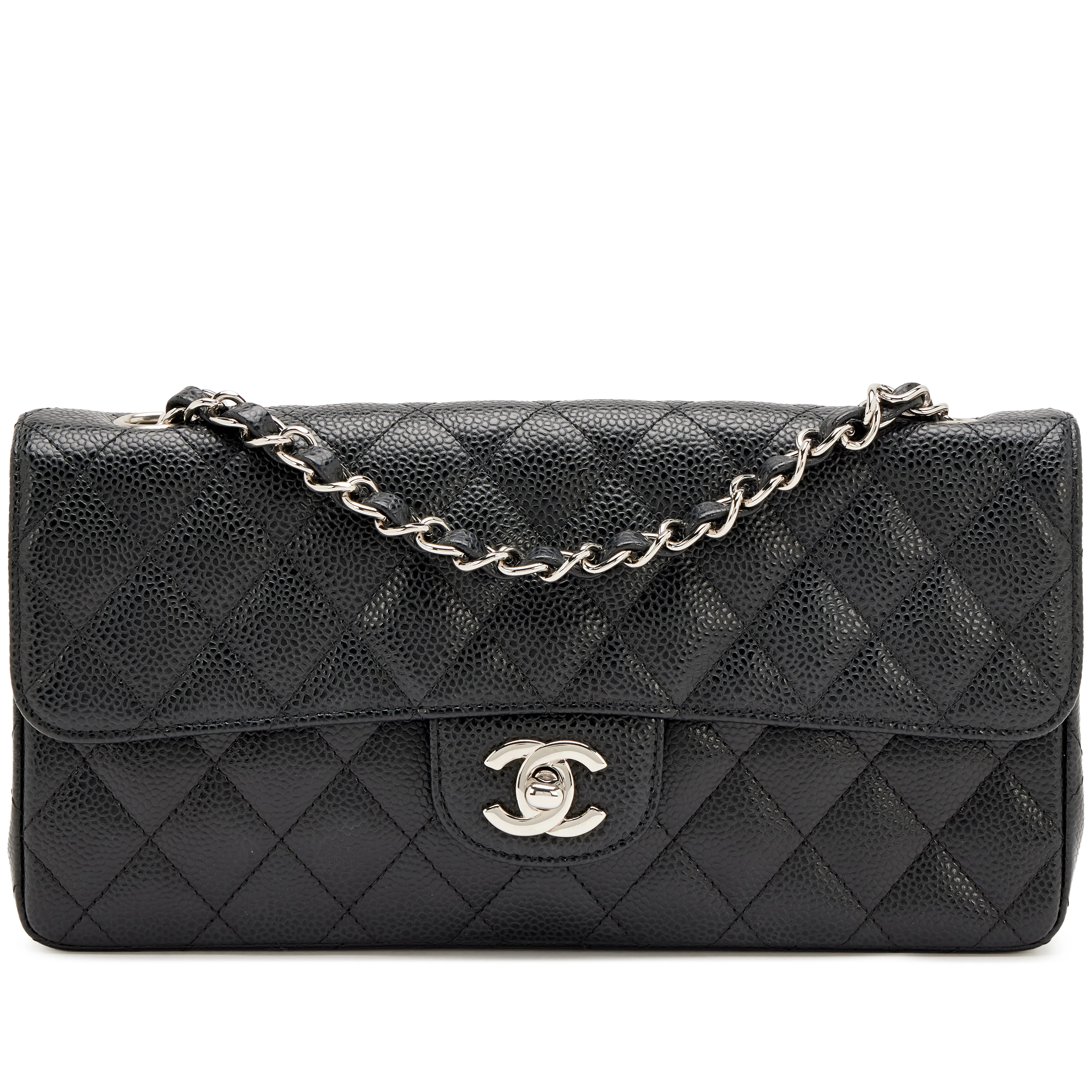 Black Quilted Caviar East West Classic Flap Bag Silver Hardware, 2005-2006