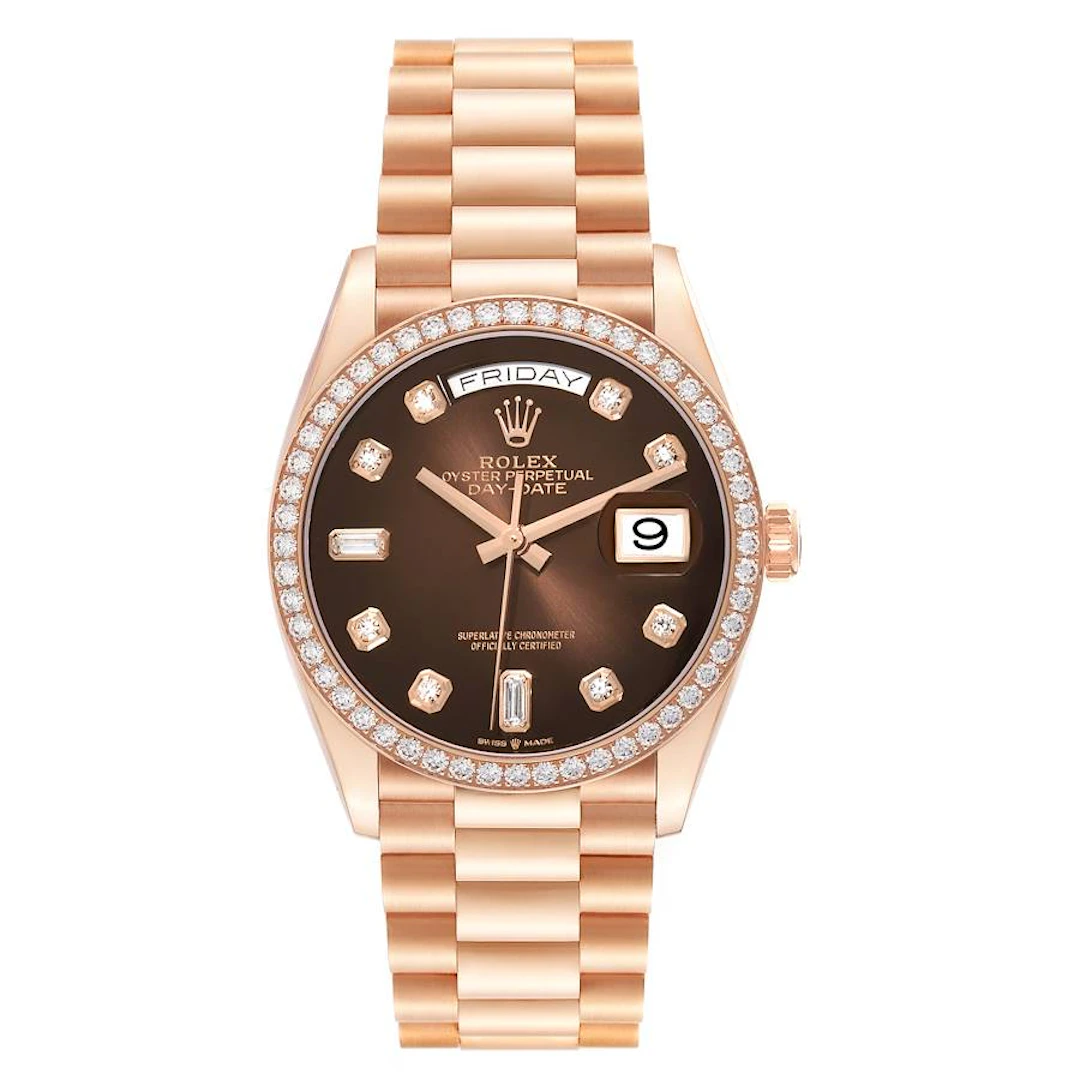 President Day-Date (Reference 128345). A 36mm rose gold diamond-set