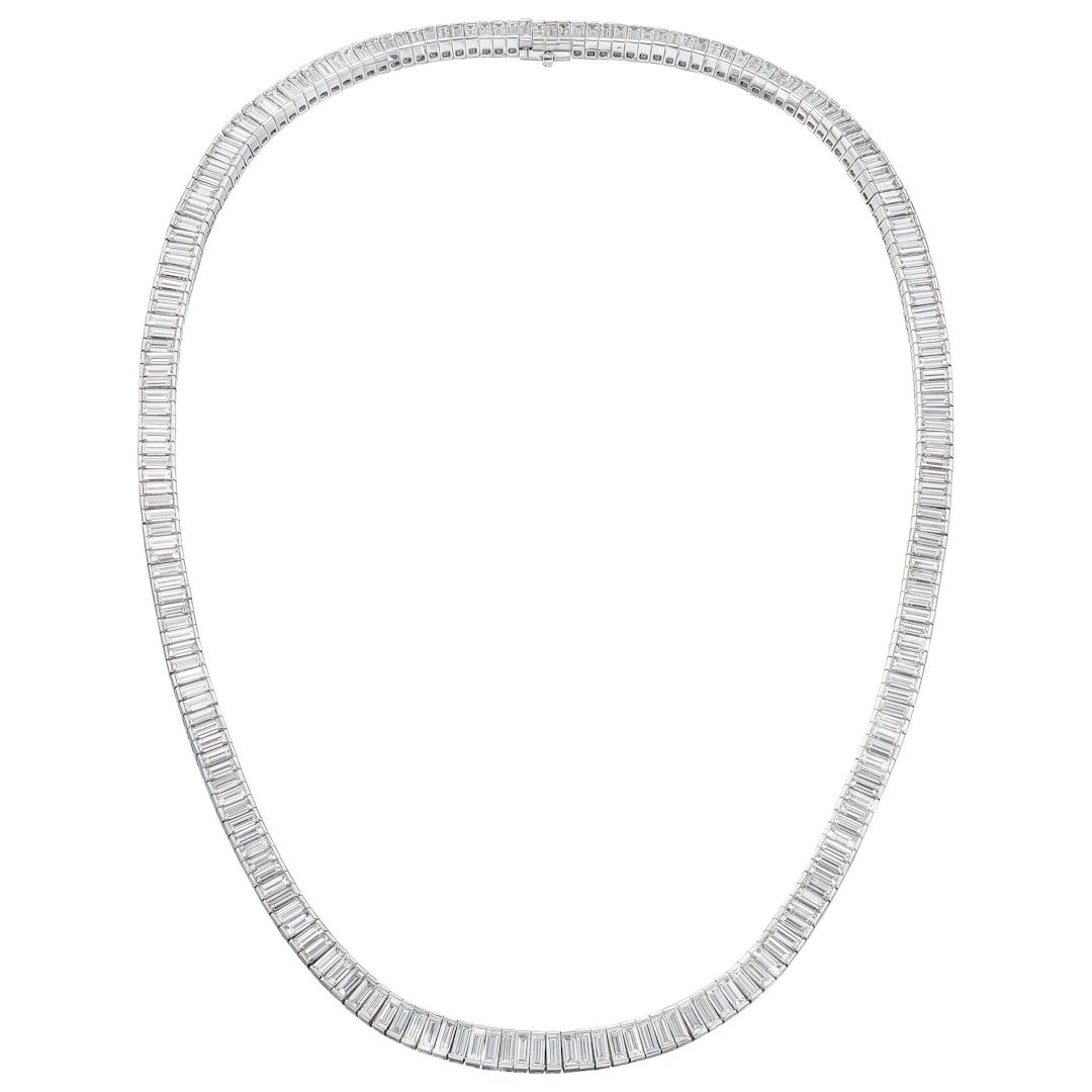 White Gold and 33.60ctw Baguette Cut Diamond Tennis Necklace