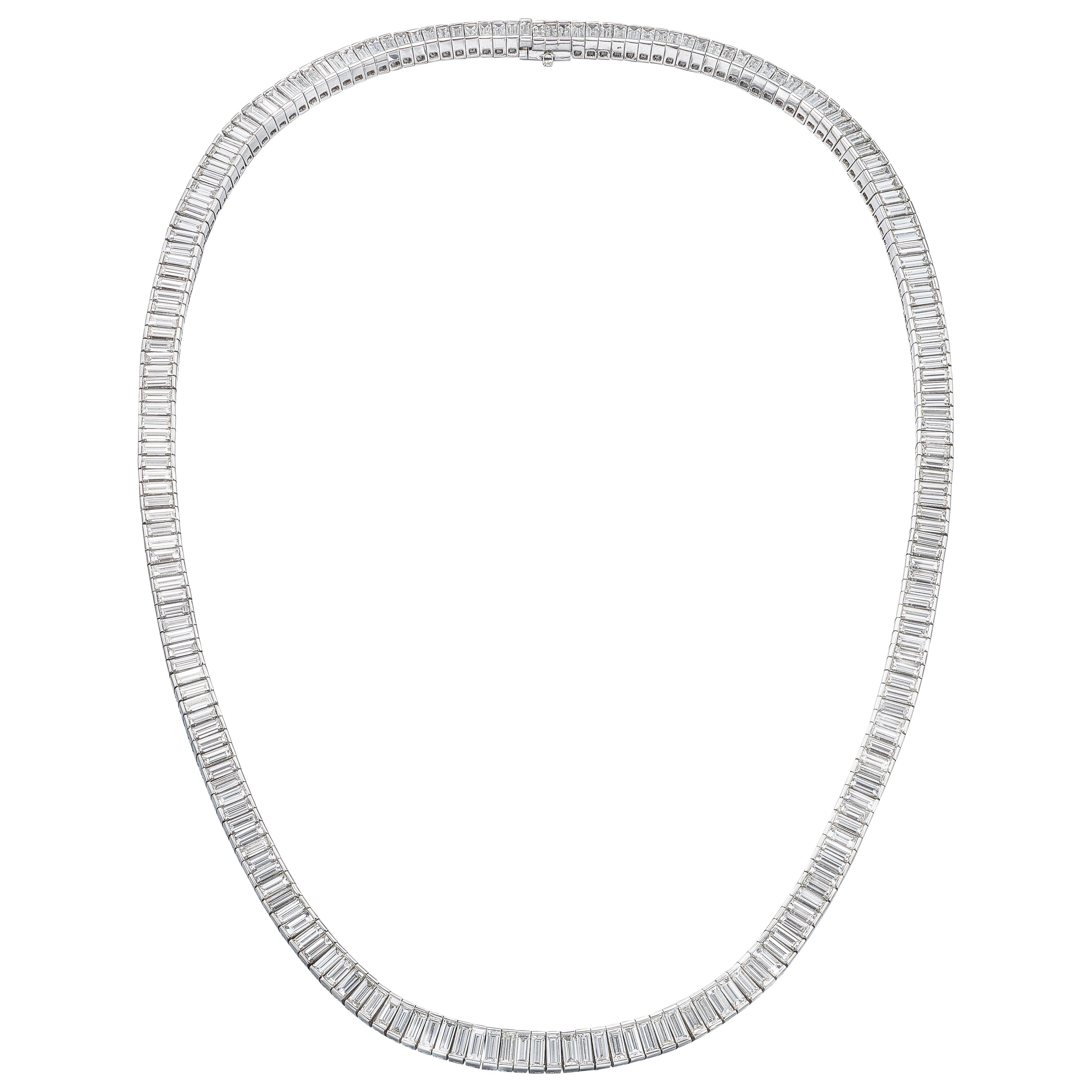 White Gold and 33.60ctw Baguette Cut Diamond Tennis Necklace