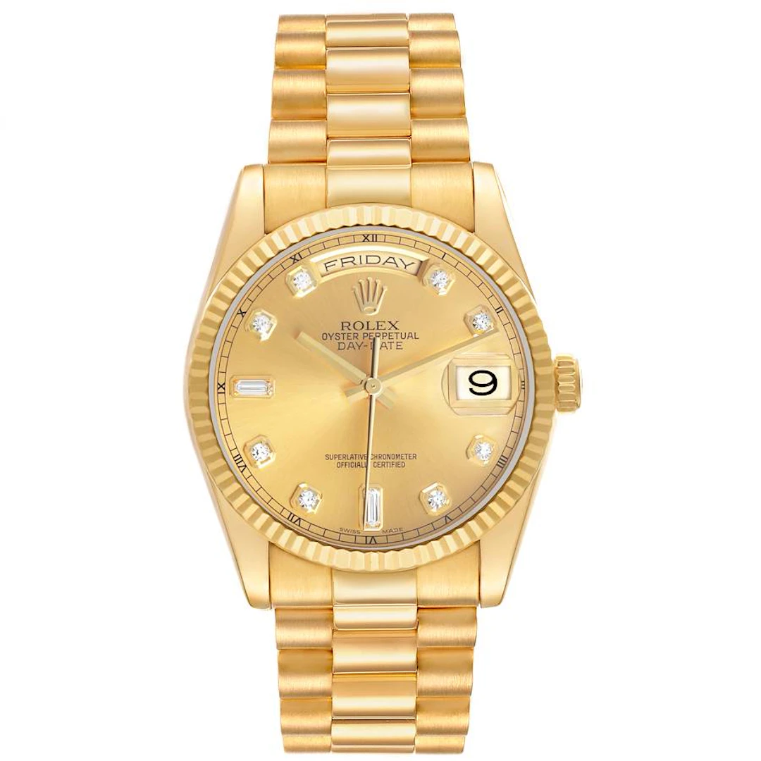 President Day-Date (Reference 118238). A 36mm yellow gold diamond-set