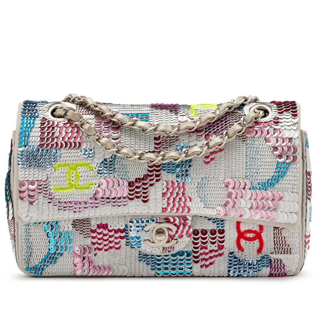 Multicolor CC Embroidered Sequin and Metallic Silver Quilted Iridescent