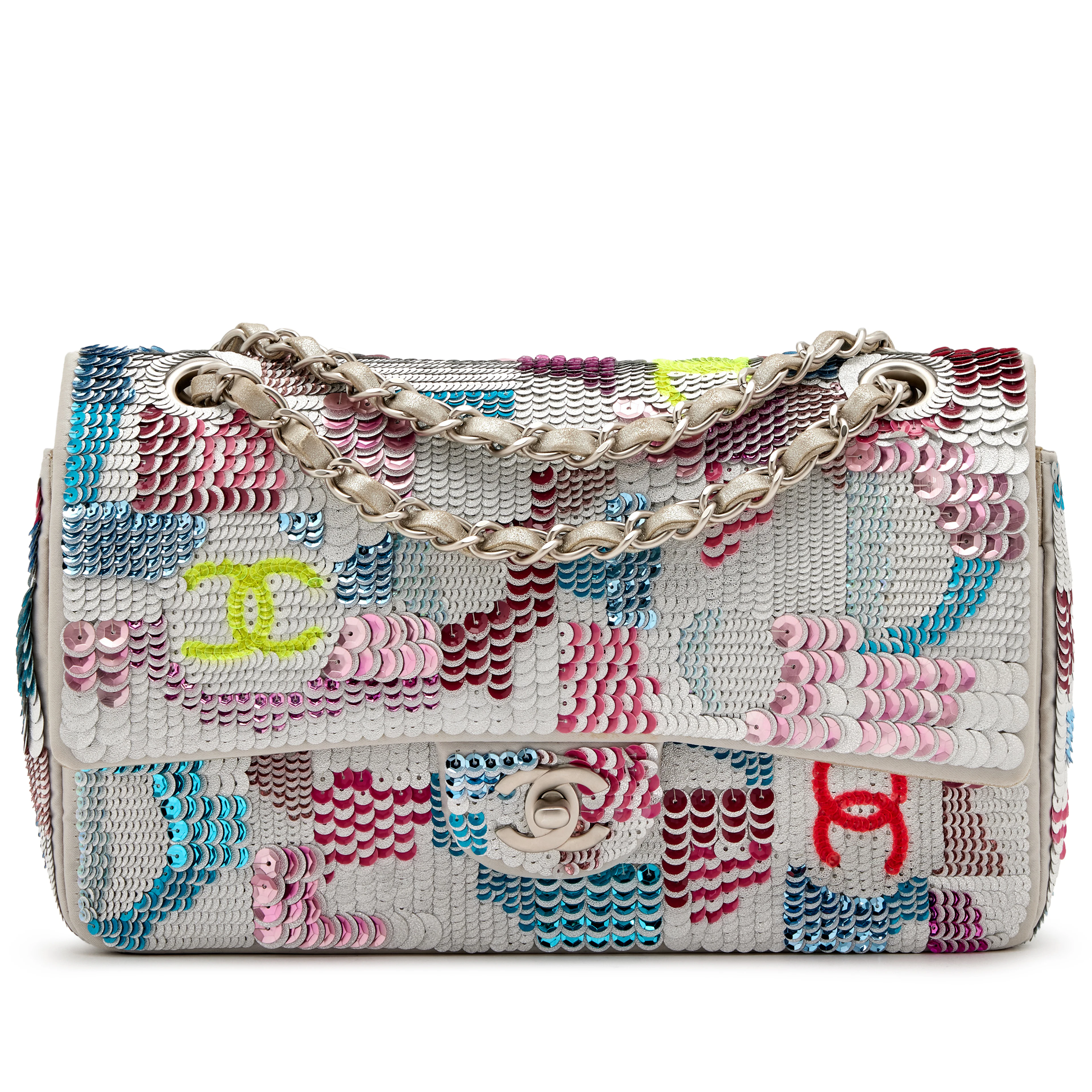 Multicolor CC Embroidered Sequin and Metallic Silver Quilted Iridescent