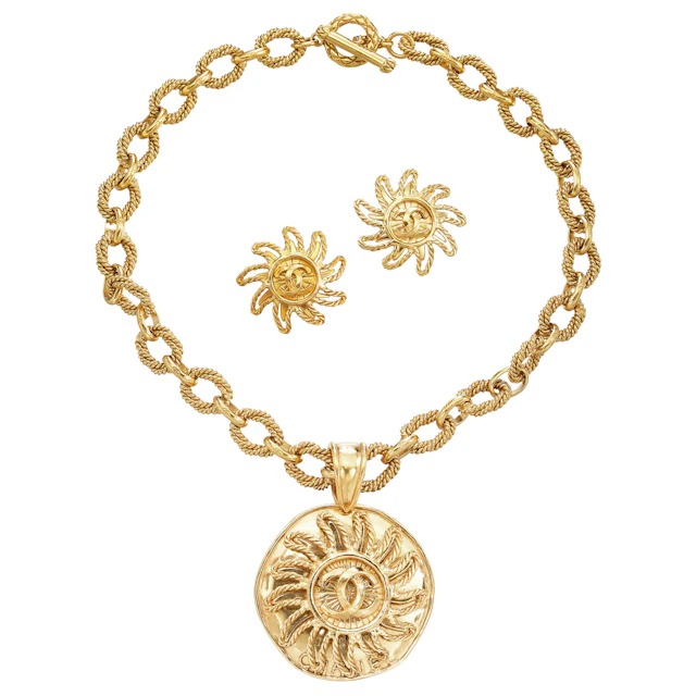 Gold Metal Medallion Sun Pendant Necklace and Clip-On Earrings